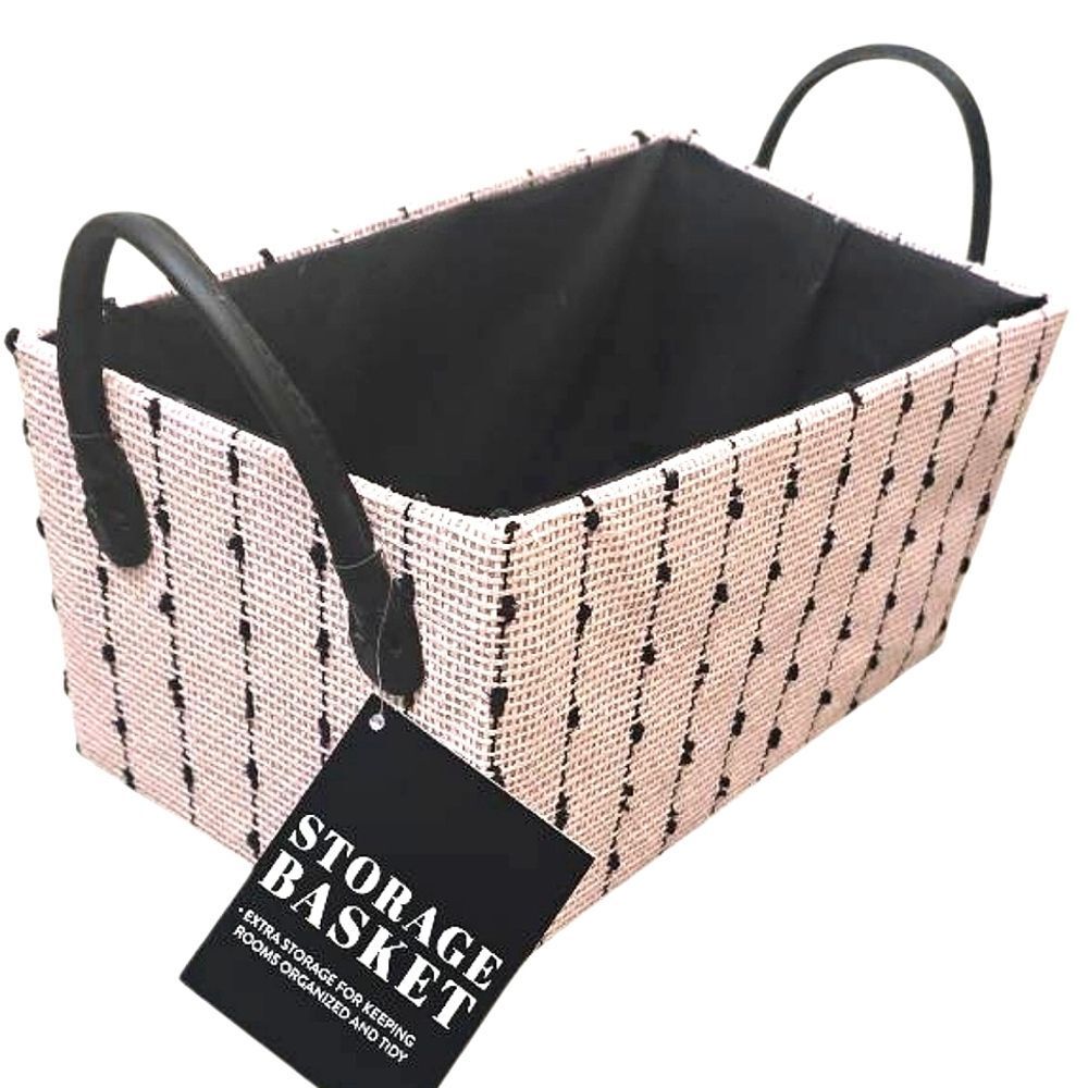At Home Cotton/Linen Decorative Storage Basket w/Leather Handles